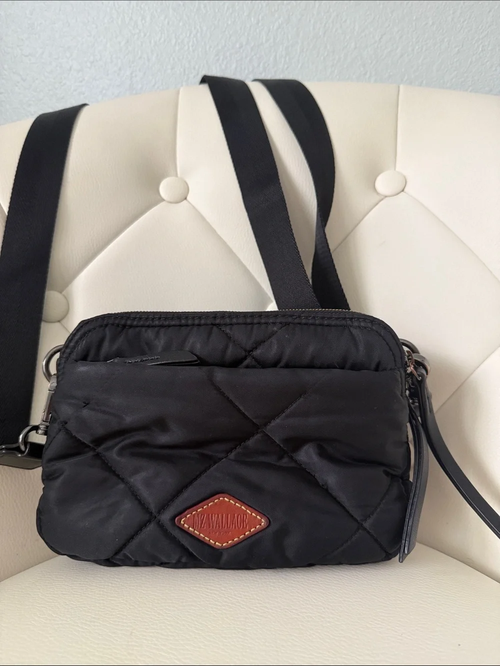MZ WALLACE Black Madison Quilted Black Crossbody Bag Italian Leather Accents